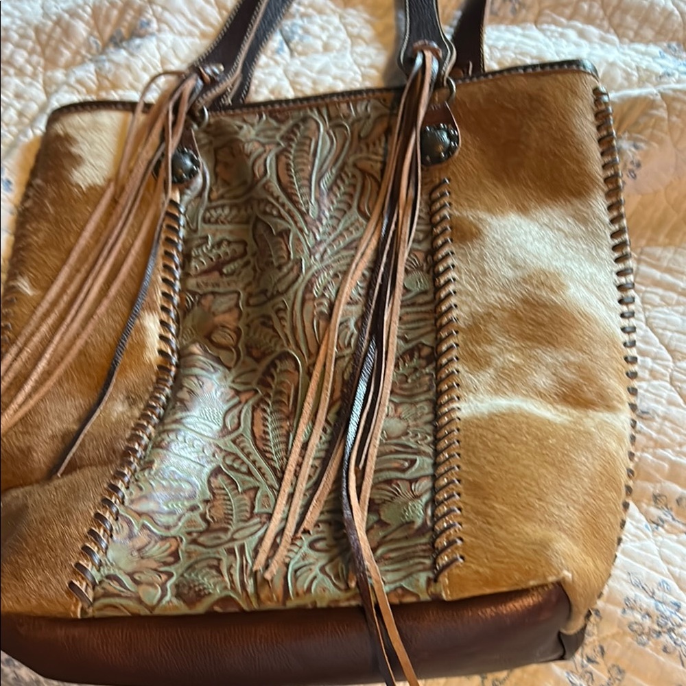 Artisanal Brown and Tan Leather Tote with Embossed Design
